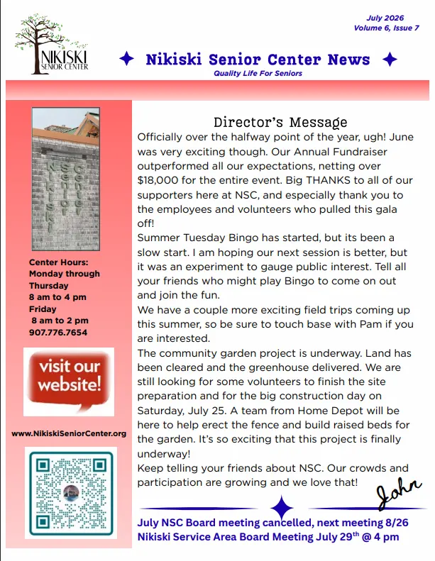 July 2026 Activity Calendar & Newsletter Cover